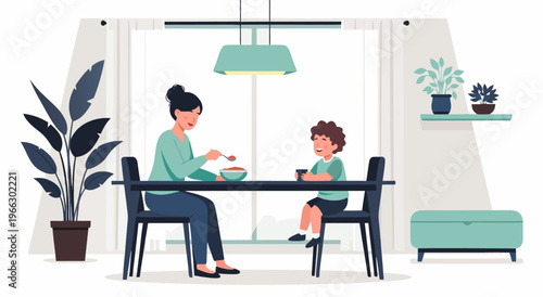 Vector illustration of a mother feeding her child at a dining table with plants and a window in the background, a wholesome family moment