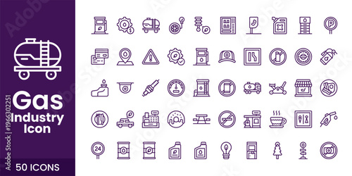 Gas and Oil Industry Icon Set with Fuel, Refinery, Pipeline, and Industrial Energy Vector Collection