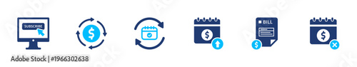 Collection of solid icons representing subscription lifecycle including billing, renewal, payment, plan management, and user account flow. Suitable for web and app UI design.