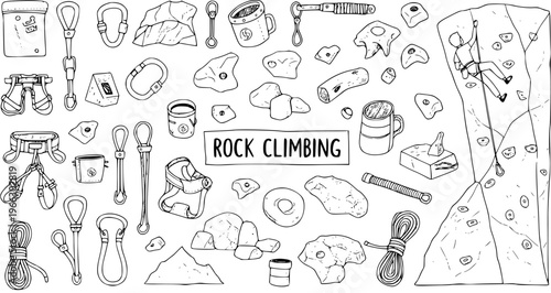 Hand-Drawn Rock Climbing Gear and Equipment Collection: Harnesses, Carabiners, Ropes, Holds, and a Climber on a Wall