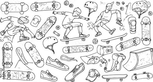 Skateboarding Fun: Seamless Pattern with Skaters, Skateboards, Gear  Skatepark Elements - Black  White Illustration
