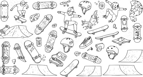 Hand-drawn skateboarding doodle art: dynamic collection of skateboards, ramps, helmets, shoes, and active skaters in various action poses.