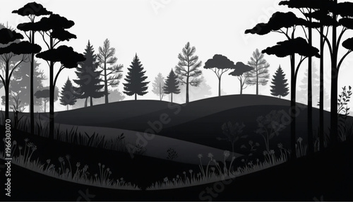 Black forest landscape, silhouette trees, hills, nature scenery, dark illustration isolated on Transparent Background