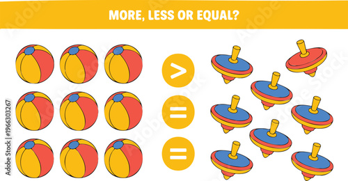 Educational counting game for children with beach balls and spinning tops for math learning.