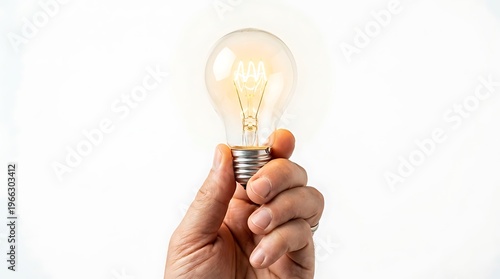 Hand holding glowing light bulb idea concept against white background