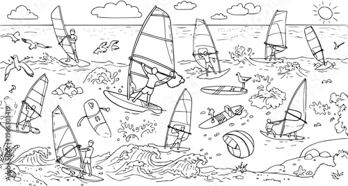 Windsurfing Extravaganza: A Black and White Illustration of a Sunny Beach Scene