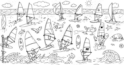 Detailed outline drawing of a vibrant windsurfing beach scene, featuring multiple people on boards with sails, ocean waves, sun, clouds, and various seaside elements.