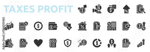 Taxes Profit icon set glyph style with profit, earning, deposit, tax growth, audit, home tax, pro bono, tax office, tax record, business protection icons
