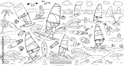 Windsurfing Paradise: Hand-Drawn Black and White Illustration of Windsurfers, Surfboards, and Beach Elements