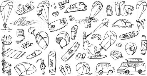 Hand-drawn Kitesurfing and Water Sports Gear Doodle Set. Collection of Outline Illustrations for Extreme Summer Activities, Beach Travel, and Outdoor Adventure Equipment.