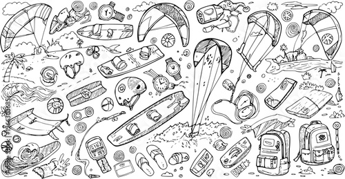Kitesurfing Gear  Beach Doodle: Surfboards, Backpacks, Kites, Helmets, Watches  More Outlined Vector Illustration