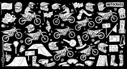 Motocross Doodle Art Pattern with Dirt Bikes, Rider, Helmets, Gear, Jumps, and Flags in Hand-Drawn Black and White Sketch Style