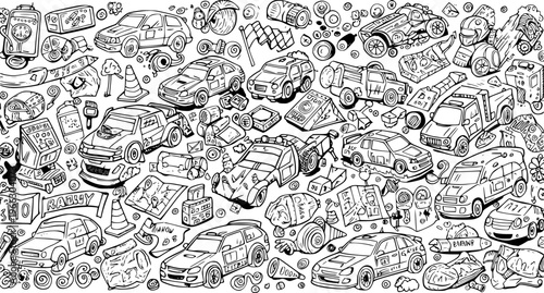 Detailed black and white hand-drawn doodle pattern featuring various rally cars, automotive tools, mechanical parts, and abstract elements in a busy, energetic style.
