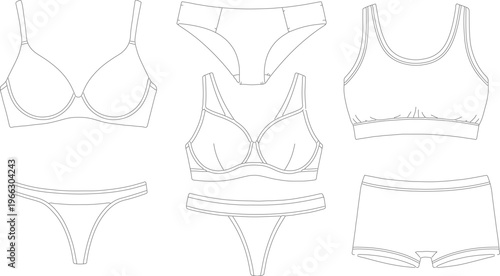 Lingerie technical flat sketches, women's underwear and bra vector set, fashion design CAD templates for intimate apparel manufacturing