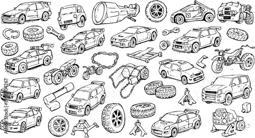 Hand-drawn collection of cars, motorcycles, and automotive parts. Outline sketch of various vehicles, tires, wrenches, and garage equipment.