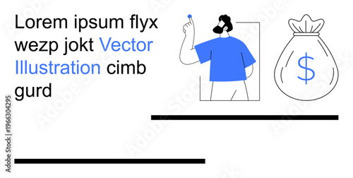 Finance planning, business growth, savings, monetary investments, wealth management, minimal design. A man holding an object beside a dollar-sign money bag. Finance planning and business growth