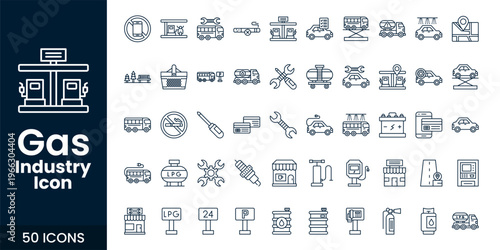 Gas and Oil Industry Icon Set with Fuel, Refinery, Pipeline, and Industrial Energy Vector Collection