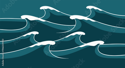 Stylized ocean waves vector illustration with dynamic blue water and a minimalist light beige sky design.