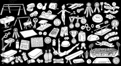Detailed Doodle Vector of Gymnastics Sports Elements: Equipment, Athletes, Medals, and Accessories in Black and White Line Art Style