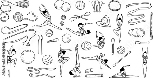 Hand-drawn rhythmic gymnastics elements set. Doodles of gymnasts, clubs, ribbons, balls, and hoops. Sport apparatus and graceful athletes in various poses.