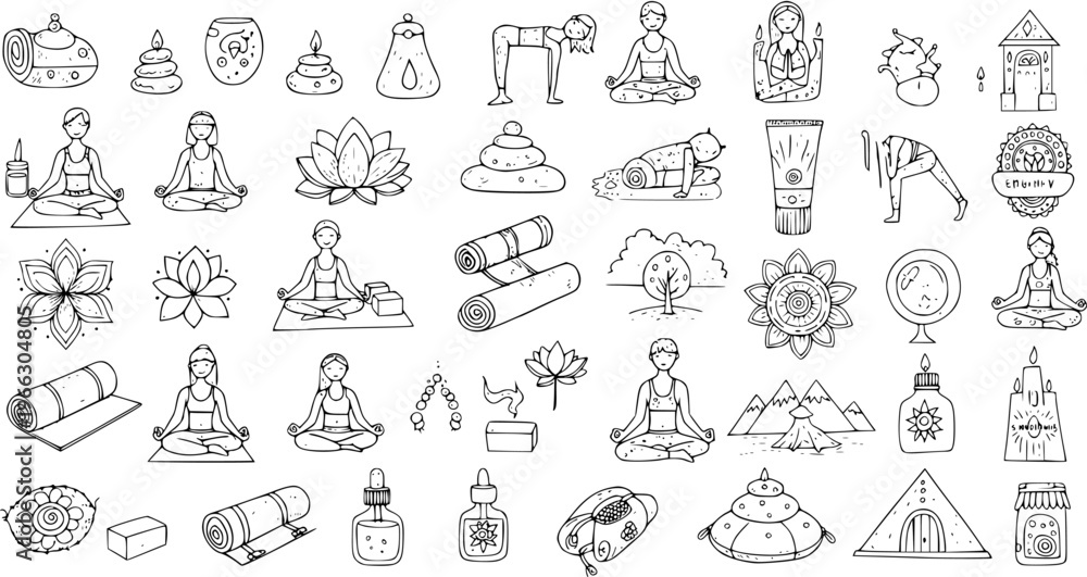 Fototapeta premium Hand-drawn Yoga, Meditation Wellness Doodle Icons Set. Relaxing Zen lifestyle elements like yoga poses, lotus flowers, candles, massage tools, and spa items.