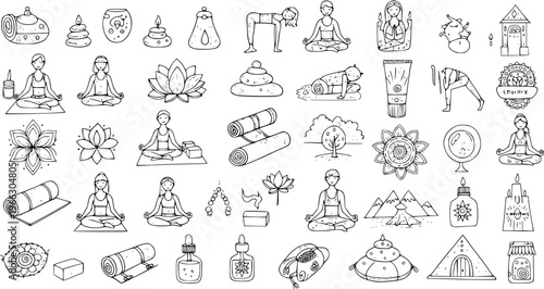 Hand-drawn Yoga, Meditation  Wellness Doodle Icons Set. Relaxing Zen lifestyle elements like yoga poses, lotus flowers, candles, massage tools, and spa items.