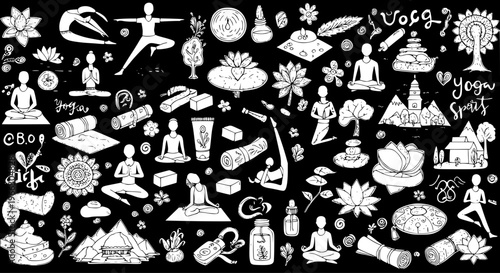 Hand-drawn doodle set of yoga and meditation elements, featuring various poses, lotus flowers, yoga mats, essential oils, and spiritual symbols, in black and white.