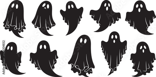 Collection of black ghost silhouettes on white background