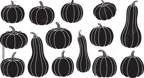 Black and white illustration of various pumpkin shapes