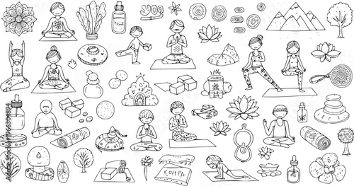 Hand-Drawn Yoga, Meditation, and Wellness Doodle Collection. Featuring Poses, Lotus Flowers, Mountains, Spa Items, and Spiritual Symbols in Black and White Outline Art.