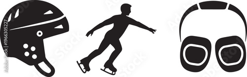 Winter Sports Icon Set Featuring Hockey Helmet Figure Skater and Protective Earmuff Equipment