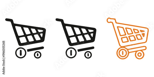 Professional Triptych Set of Three Shopping Cart Vector Icons Featuring Minimalist Black Line Art Solid Silhouette and Blue Color Variations for E-commerce Retail and Online Store Checkout UI Design