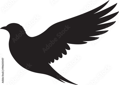 Black Silhouette of a Bird in Flight Against White