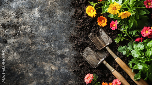 Garden tools and plants on a soil background. Spring garden works concept