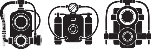 Set of Scuba Diving Tank Icons and Underwater Breathing Equipment Vector Silhouette Graphics