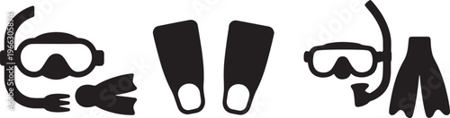 Set of Snorkeling and Diving Equipment Icons with Diving Masks Snorkels and Swimming Flippers