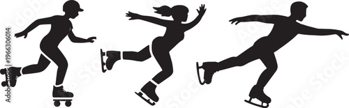 Set of Three Silhouettes Featuring People Engaged in Roller Skating and Ice Skating Activities