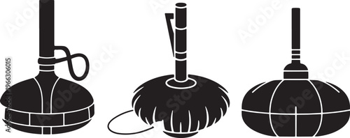 Set of three professional industrial floor cleaning machines with long handle and circular base