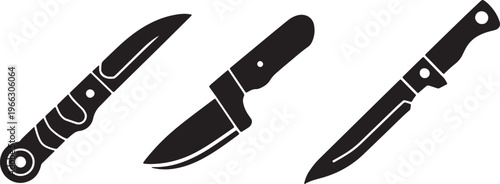 Set of three tactical folding and survival knife silhouettes for outdoor gear design elements