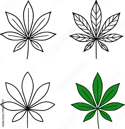 Cassava leaves illustration icon set, in outline or line art style, for plant or botanical designs