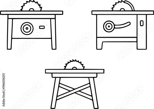 Table saw illustration icon set, in outline or line art style, for industrial design