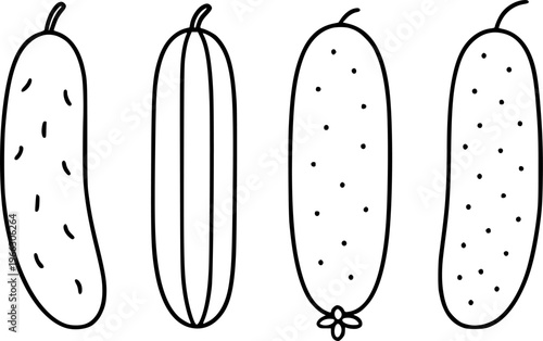 Cucumber illustration set icon, in outline or line art style, for vegetable or food design