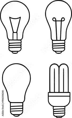Light bulb illustration icon set, in outline or line art style, for technology design