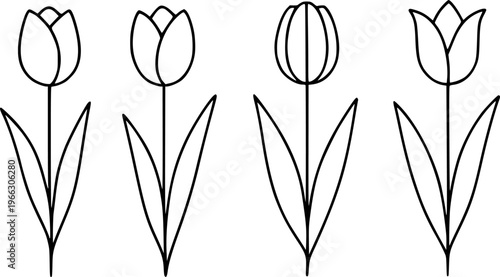 Tulip flower illustration icon set, in outline or line art style, for plant or botanical design