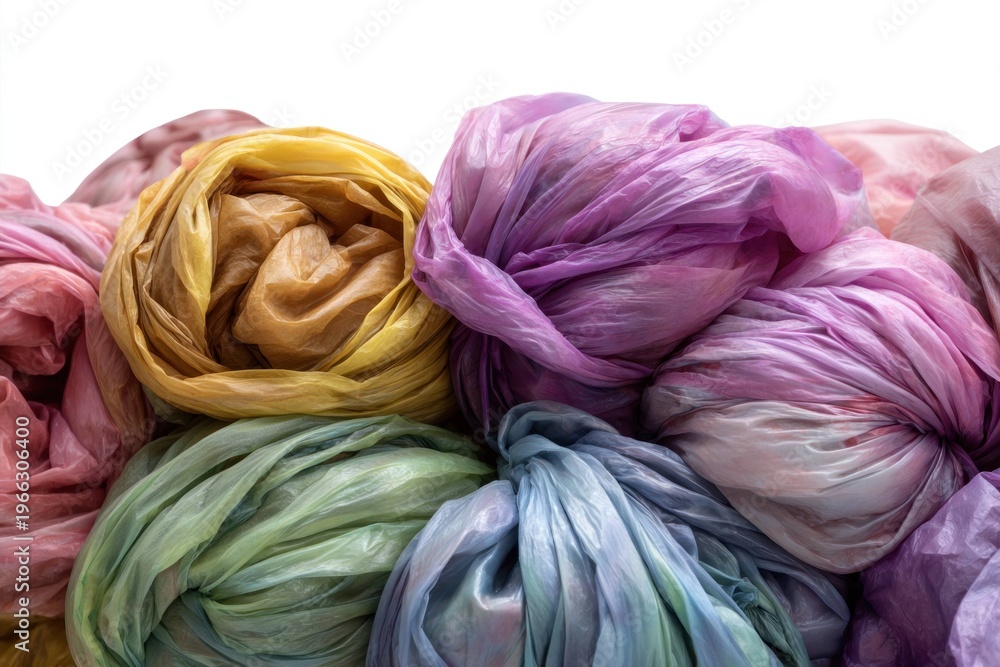 Obraz premium Colorful silk fabric bundles rolled and tied with knots, soft texture and smooth material for crafts, fashion, and textile design in various pastel shades.