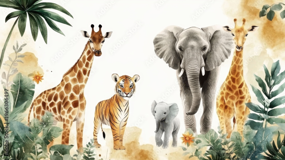 Obraz premium Modern abstract art. Animal illustration. Golden elements, watercolor painting, children's wallpaper. Hand drawn plants