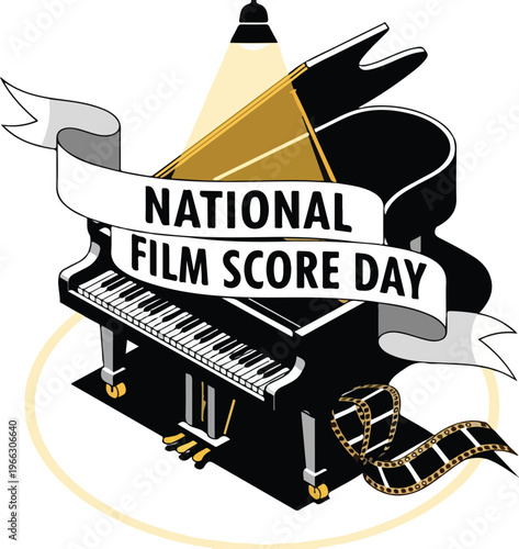Isometric Grand Piano with National Film Score Day Ribbon and Spotlight Vector