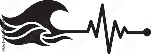 Ocean Wave Merging with Heartbeat EKG Line for Health and Nature Concept Minimalist Black and White