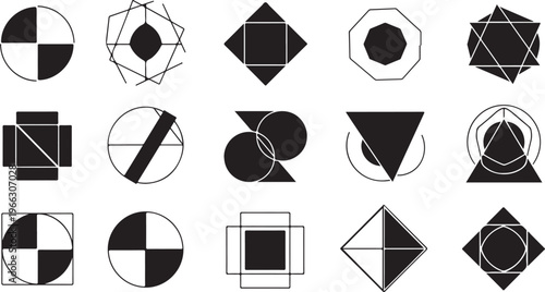 Geometric shapes and symbols in black and white colors