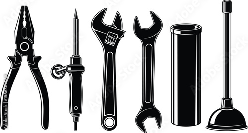 Hand tools collection illustration featuring pliers, soldering iron, adjustable wrench, spanner, pipe and plunger, black and white mechanical workshop equipment isolated design